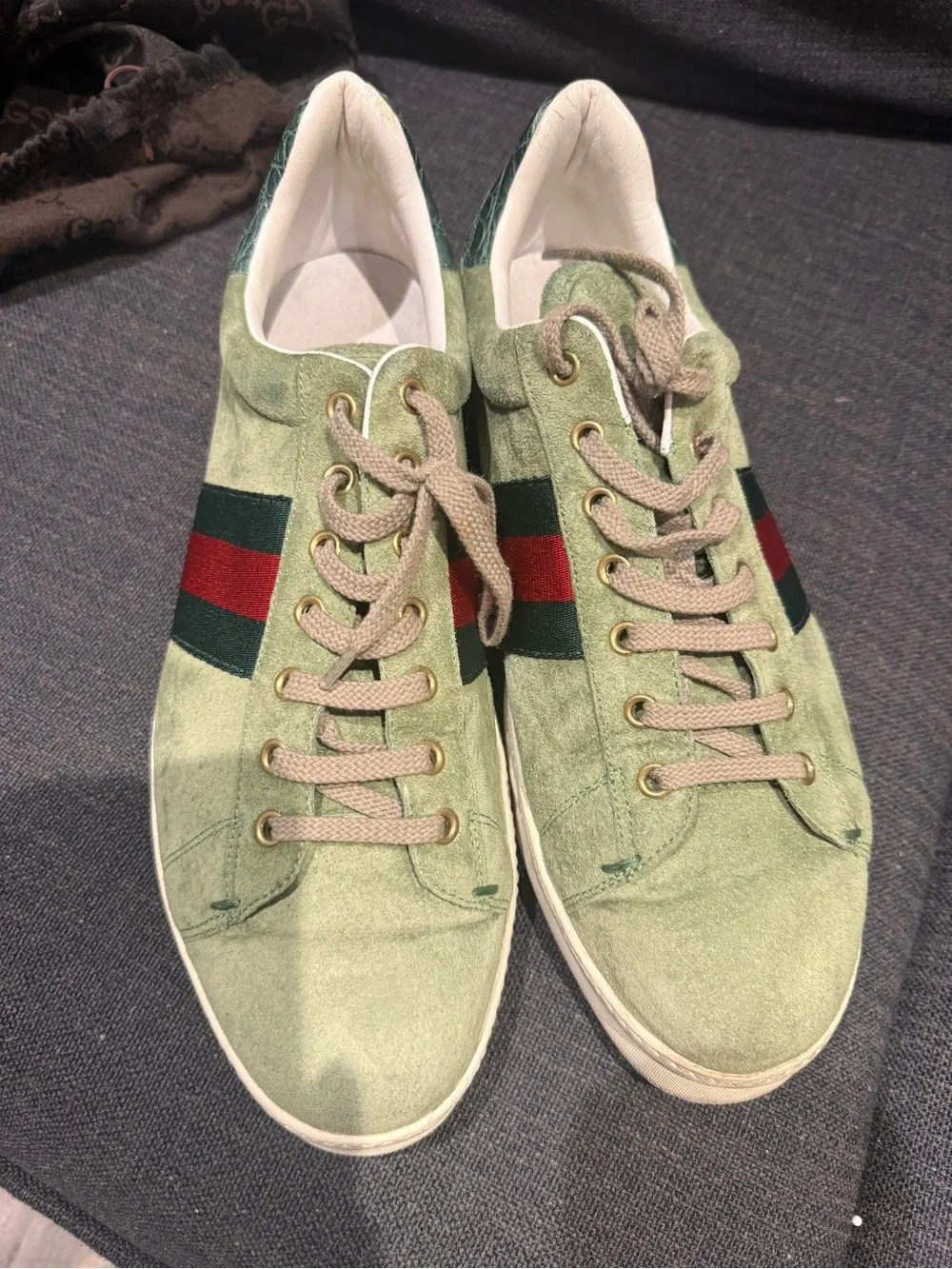 Gucci Green Suede Ace Sneakers with Red & Dark Green Stripe